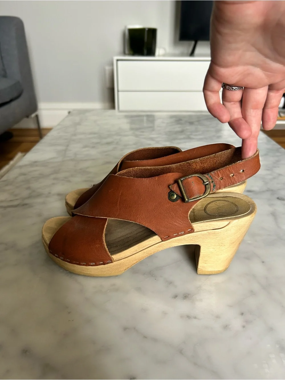 No. 6 Brown Leather Slingback Clog Sandals